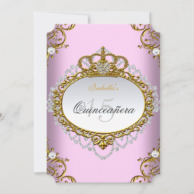 Prinsessa Quinceanera-fest Rosa Guld Vit Inbjudningar (Framsida)