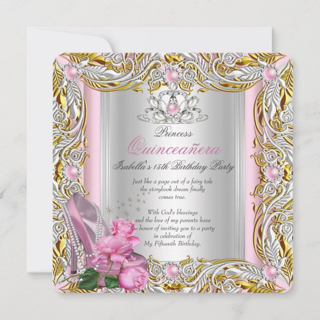 Prinsessa Quinceanera Födelsedag Rosa Roséguld Inbjudningar (Framsida)