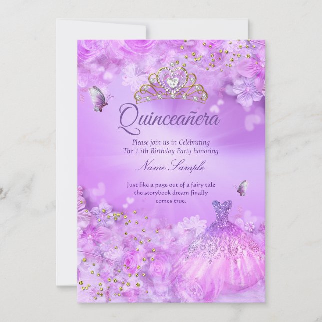 Prinsessa Quinceanera lila rosa blomklänning Inbjudningar (Framsida)
