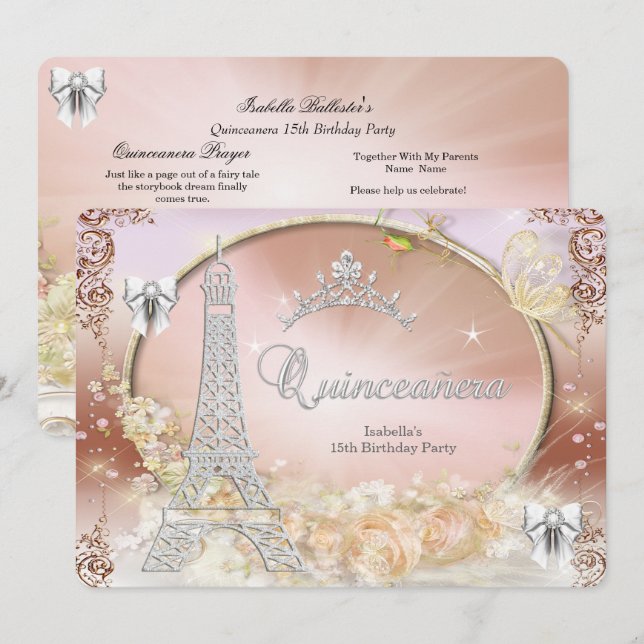 Prinsessa Quinceanera Magisk Kräm Silver Inbjudningar (Fram/baksida)