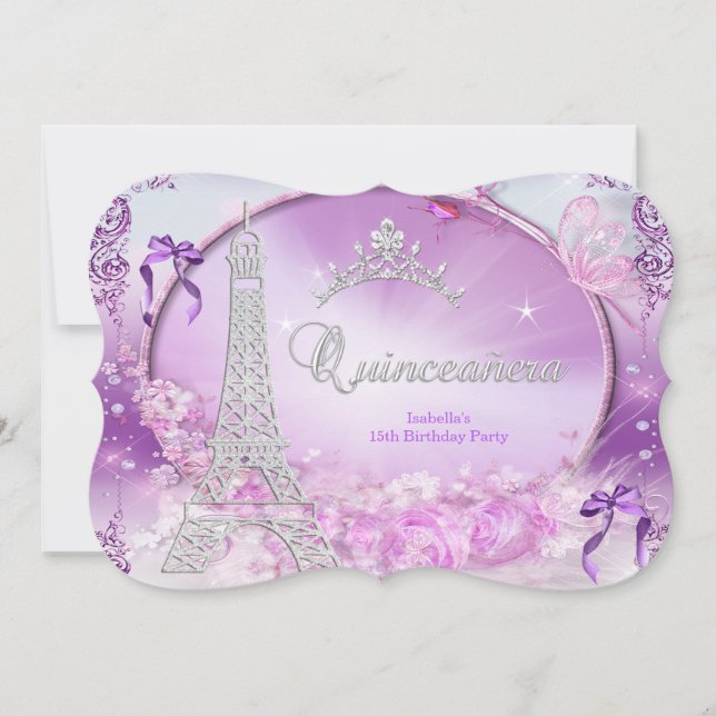Prinsessa Quinceanera Magisk Lila Silver 2 Inbjudningar (Framsida)