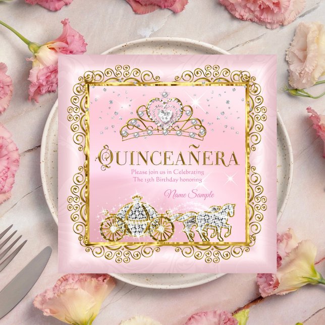 Prinsessa Quinceañera magisk Rosa Guldrodnad Inbjudningar (Skapare uppladdad)