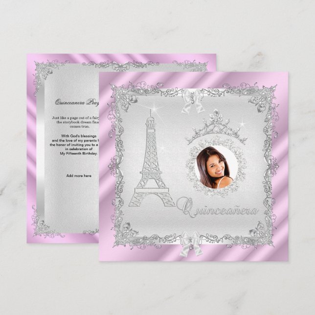 Prinsessa Quinceanera Magisk Rosa Silver Foto 2 Inbjudningar (Fram/baksida)