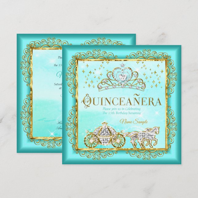 Prinsessa Quinceañera magisk Tealblå Guld Inbjudningar (Fram/baksida)