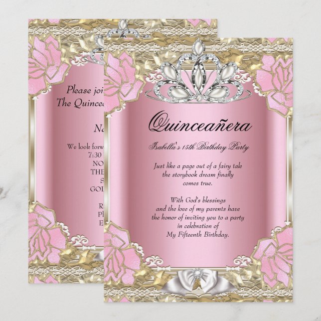 Prinsessa Quinceanera Rosa Guld 15-års Födelsedags Inbjudningar (Fram/baksida)