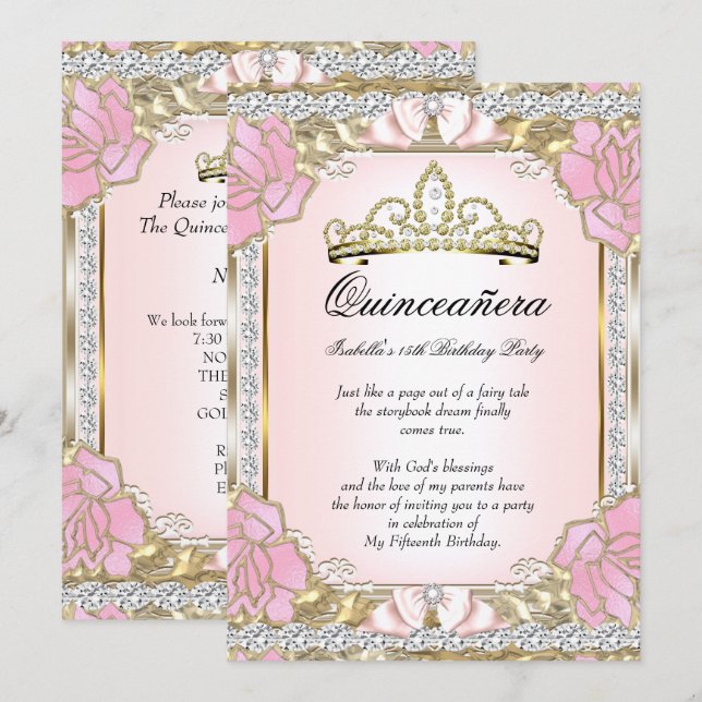 Prinsessa Quinceanera Rosa Guld 15-årsdag 2 Inbjudningar (Fram/baksida)