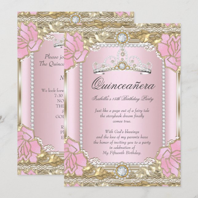 Prinsessa Quinceanera Rosa Guld Diamant Tiara Inbjudningar (Fram/baksida)