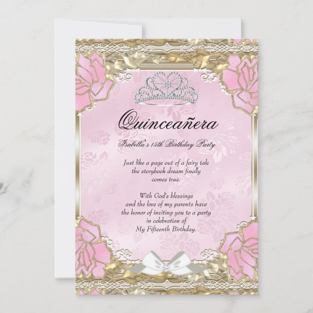 Prinsessa Quinceanera Rosa Guld Födelsedags Tiara Inbjudningar (Framsida)