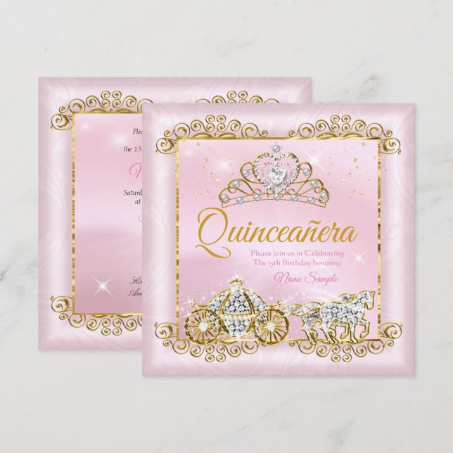 Prinsessa Quinceanera Rosa Guld kärran Inbjudningar (Fram/baksida)