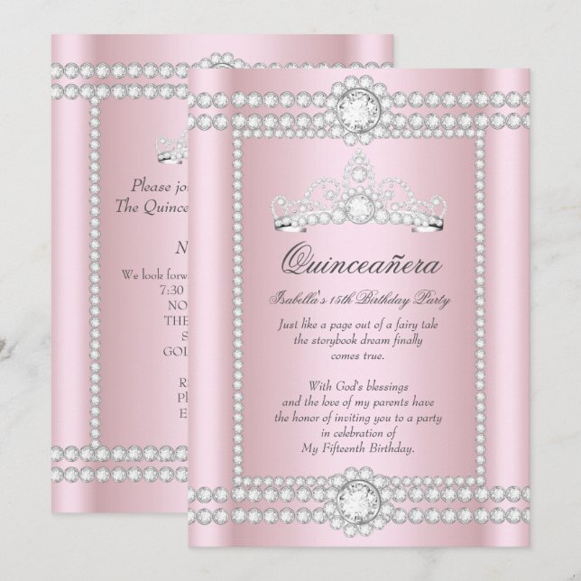 Prinsessa Quinceanera Rosa Silver Diamant Tiara Inbjudningar (Fram/baksida)