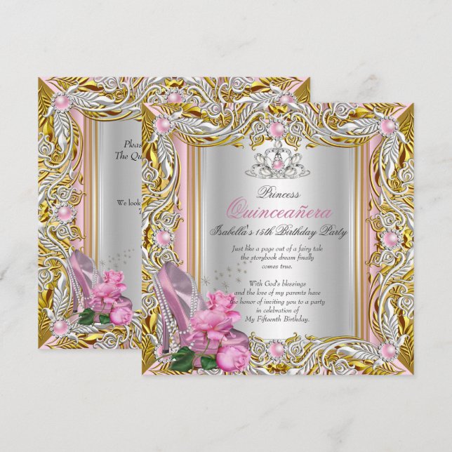 Prinsessa Quinceanera Silver Rosa Guld Inbjudningar (Fram/baksida)