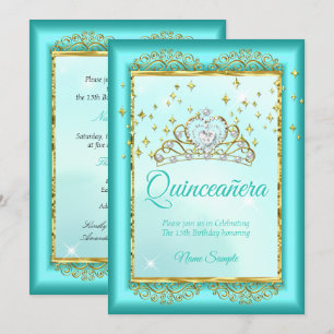Prinsessa Quinceañera Tealblå Guld Födelsedag Inbjudningar