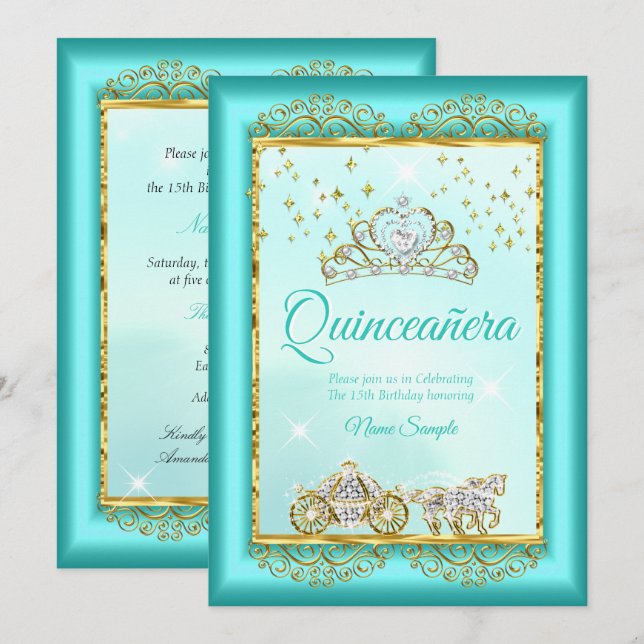 Prinsessa Quinceañera Tealblå Guld saga Inbjudningar (Fram/baksida)