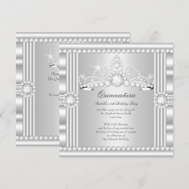 Prinsessa Quinceanera Tiara Silver Vit Satin Inbjudningar (Fram/baksida)