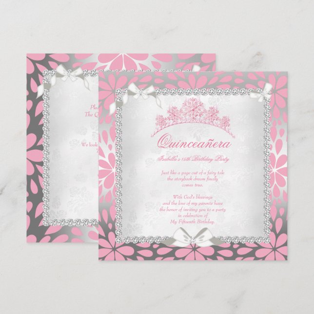 Prinsessa Quinceanera Vacker Rosa Blommig Födelsed Inbjudningar (Fram/baksida)