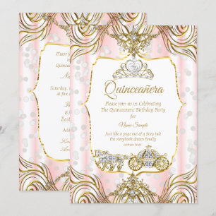 Prinsessa Quinceanera vagn guld rosa vit Inbjudningar