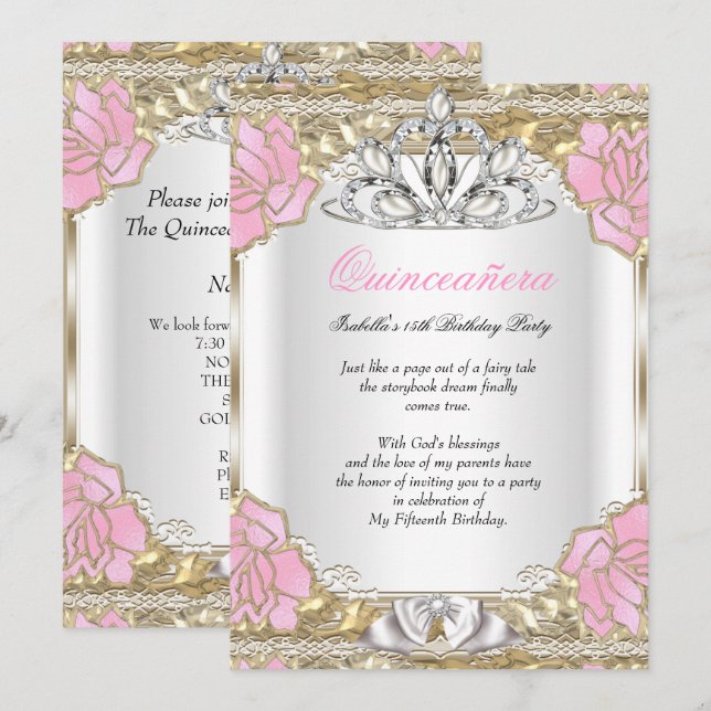 Prinsessa Quinceanera Vit Rosa Guld 15-årsdag Inbjudningar (Fram/baksida)