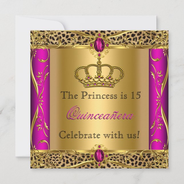 Prinsessa Regal Rosa Leopard Quinceañera-fest Inbjudningar (Framsida)