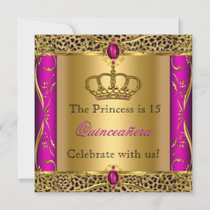Prinsessa Regal Rosa Leopard Quinceañera-fest Inbjudningar