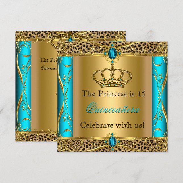 Prinsessa Regal Teal Leopard Quinceañera-fest Inbjudningar (Fram/baksida)