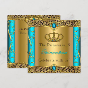 Prinsessa Regal Teal Leopard Quinceañera-fest Inbjudningar