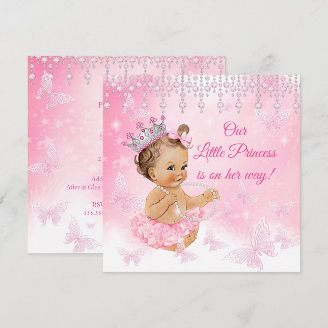 Prinsessa Rosa Fjäril Baby Shower brunett Inbjudningar (Fram/baksida)