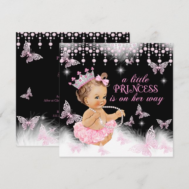 Prinsessa Rosa Fjäril Flicka Babyfirande Söt Inbjudningar (Fram/baksida)
