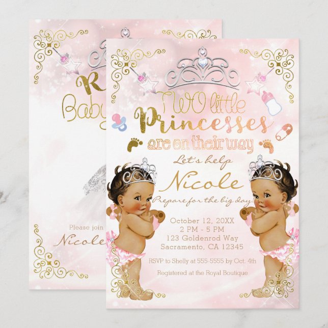 Prinsessa Rosa Glitter Tvillingflickor Bebisdusj Inbjudningar (Fram/baksida)