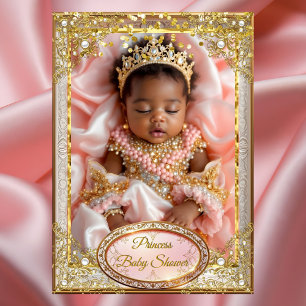 Prinsessa Rosa Guld Baby Girl Shower Etniska pärlo Inbjudningar