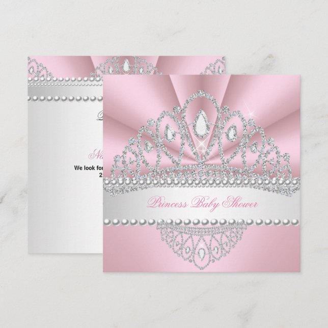 Prinsessa Rosa Pärlor Diamant Tiara Baby Shower Inbjudningar (Fram/baksida)