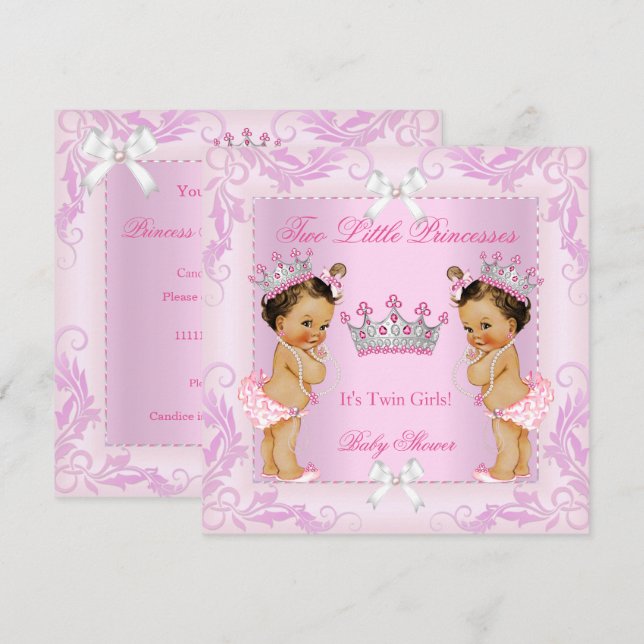 Prinsessa Rosa Pärlor Tvilling Bebis Dusj Tiara BR Inbjudningar (Fram/baksida)