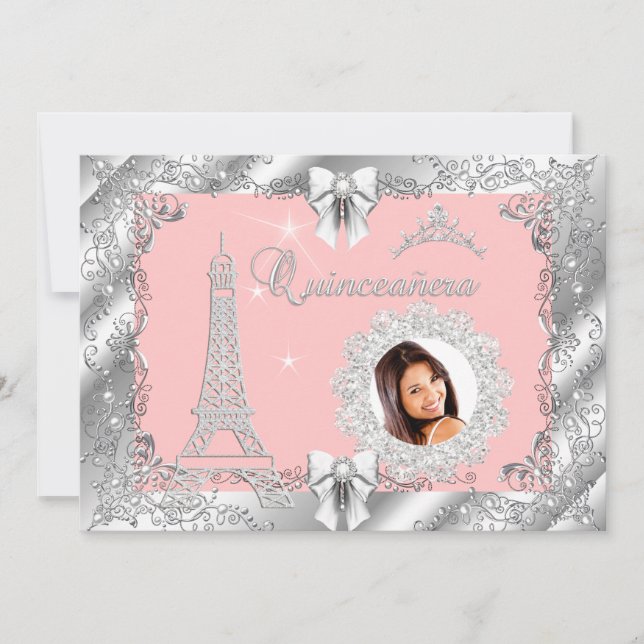 Prinsessa Rosa PERSIKA Quinceanera Silver Foto 2 Inbjudningar (Framsida)