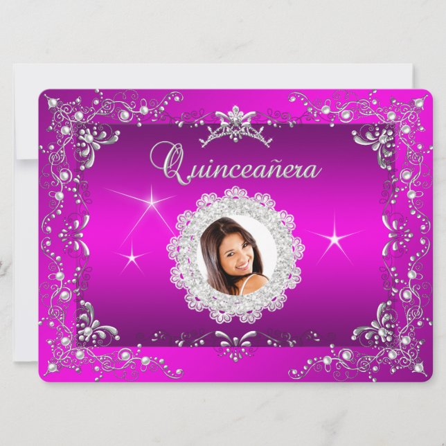 Prinsessa Rosa Quinceanera Silver Tiara Fest Inbjudningar (Framsida)