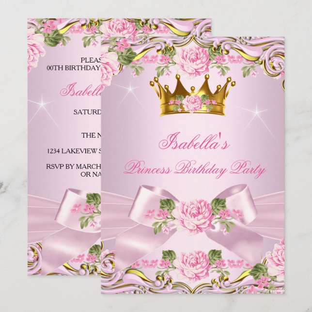 Prinsessa Rosa Rosor Guld Födelsedagsfest Inbjudningar (Fram/baksida)