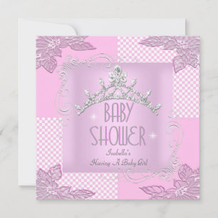 Prinsessa Rosa Vit Bebis Baby Shower Tjej Tiara Inbjudningar