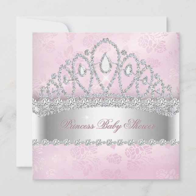 Prinsessa Rosa Vit Diamant Tiara Baby Shower 2 Inbjudningar (Framsida)