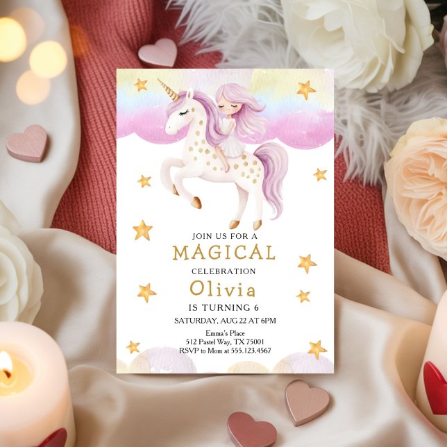 Prinsessa Sagostall Unicorn Regnbåge Festsdag Föde Inbjudningar (Skapare uppladdad)