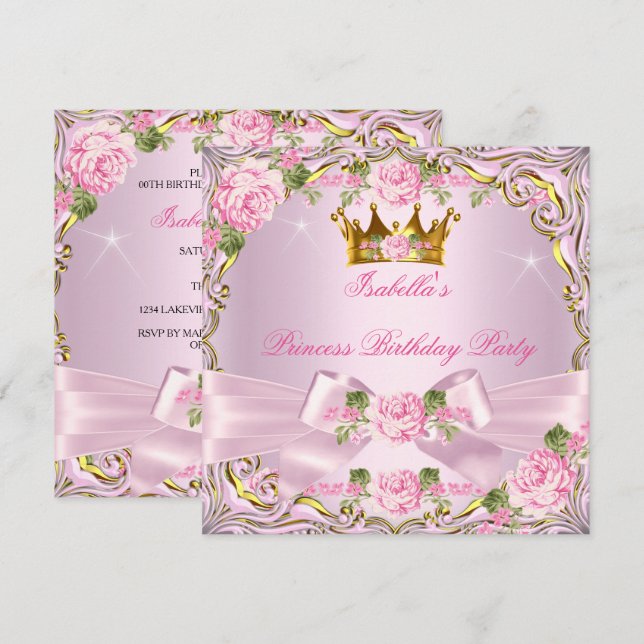 Prinsessa Snygg Rosa Rosor Guld Födelsedag Inbjudningar (Fram/baksida)