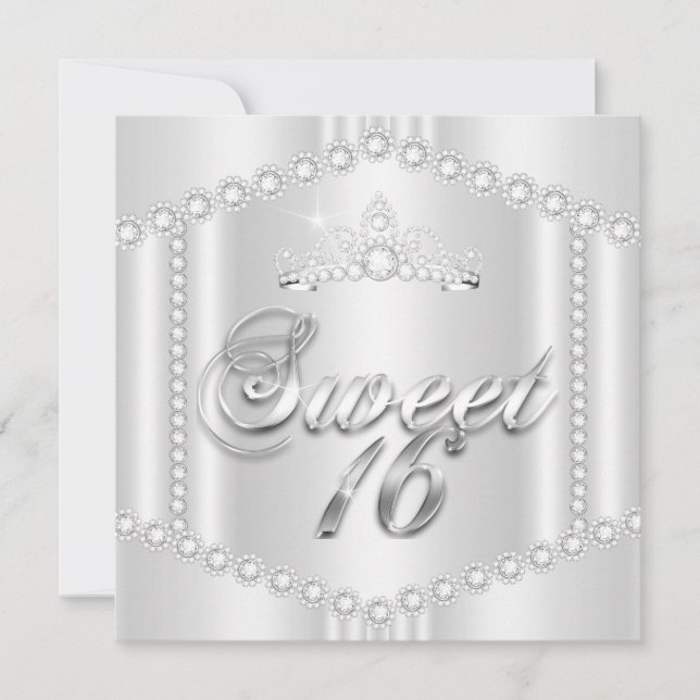 Prinsessa Söt 16 Festsilver Vit Diamant Trimning Inbjudningar (Framsida)