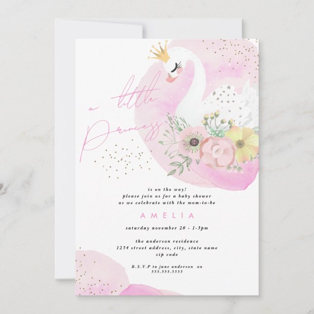 Prinsessa Svanflicka Rosa Guld Bebis Baby Shower Inbjudningar (Framsida)