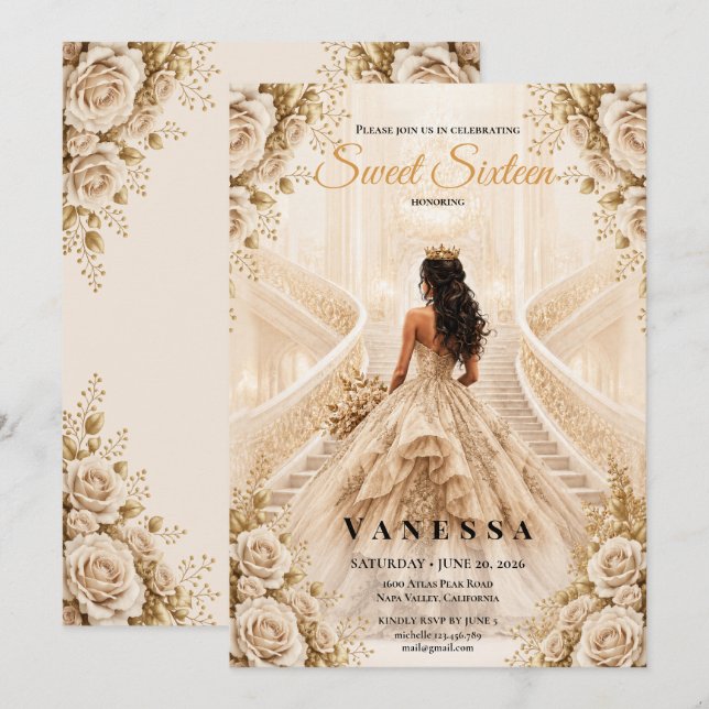 Prinsessa sweet 16 Beige och Guld Inbjudan (Fram/baksida)