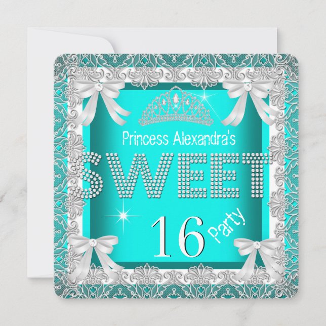 Prinsessa Sweet 16 Glitter Turkos Blå Födelsedag 2 Inbjudningar (Framsida)