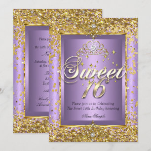 Prinsessa Sweet 16 Guld Lavendel Lila Fest Inbjudningar