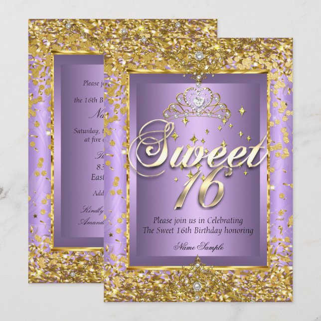 Prinsessa Sweet 16 Guld Lavendel Lila Fest Inbjudningar (Fram/baksida)