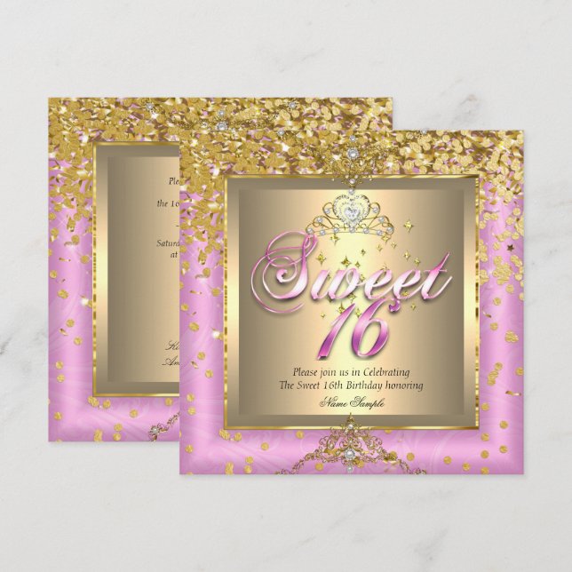 Prinsessa Sweet 16 Guld Rosa Födelsedagsfest Inbjudningar (Fram/baksida)