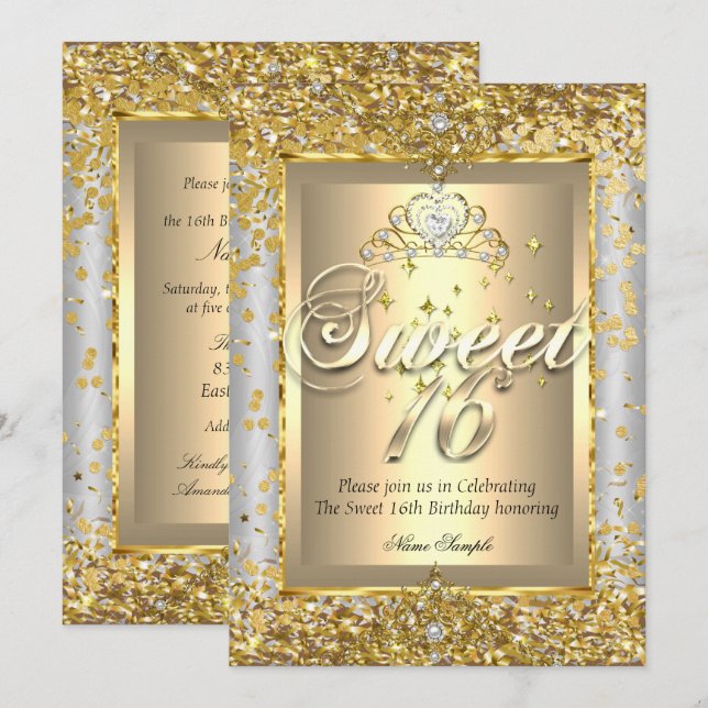 Prinsessa Sweet 16 Guld Silver Grå Party Inbjudningar (Fram/baksida)