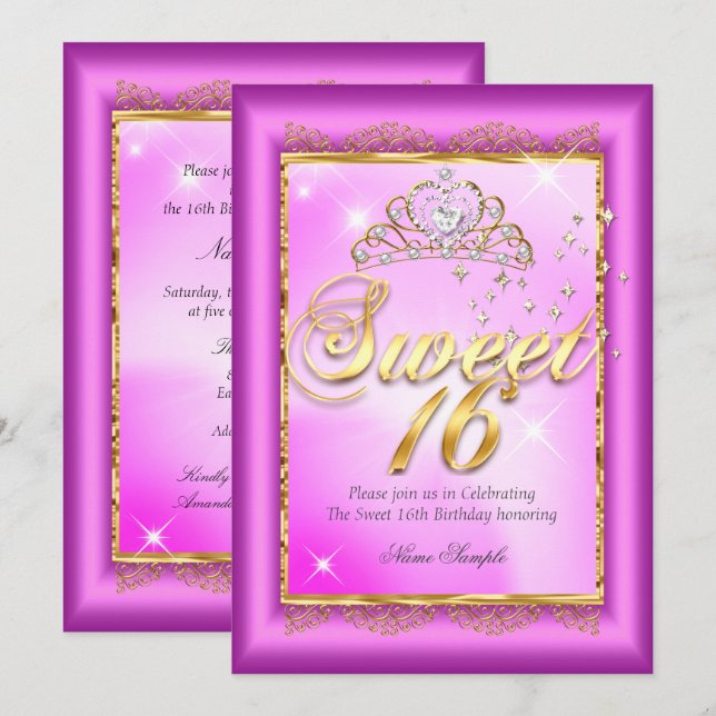Prinsessa Sweet 16  Het Rosa Magenta Guld Fest Inbjudningar (Fram/baksida)