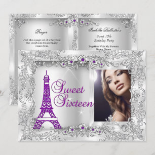Prinsessa Sweet 16 lila Silver Fotofirande Inbjudningar