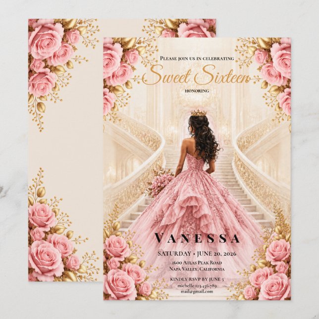 Prinsessa sweet 16 Rosa och Guld Inbjudan (Fram/baksida)
