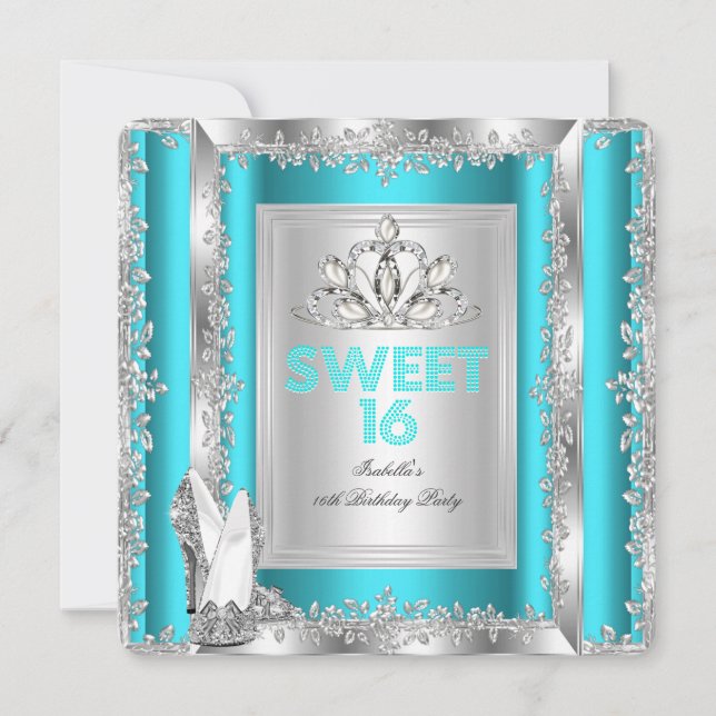 Prinsessa Sweet 16 Tealblå Aqua Silver Skor Inbjudningar (Framsida)